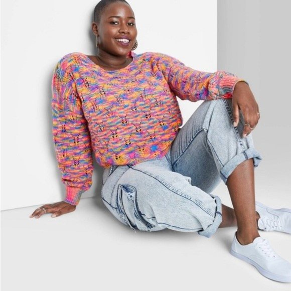 WILD FABLE Rainbow Boat Neck Pointelle Knit Pullover Sweater NWT - Picture 2 of 6